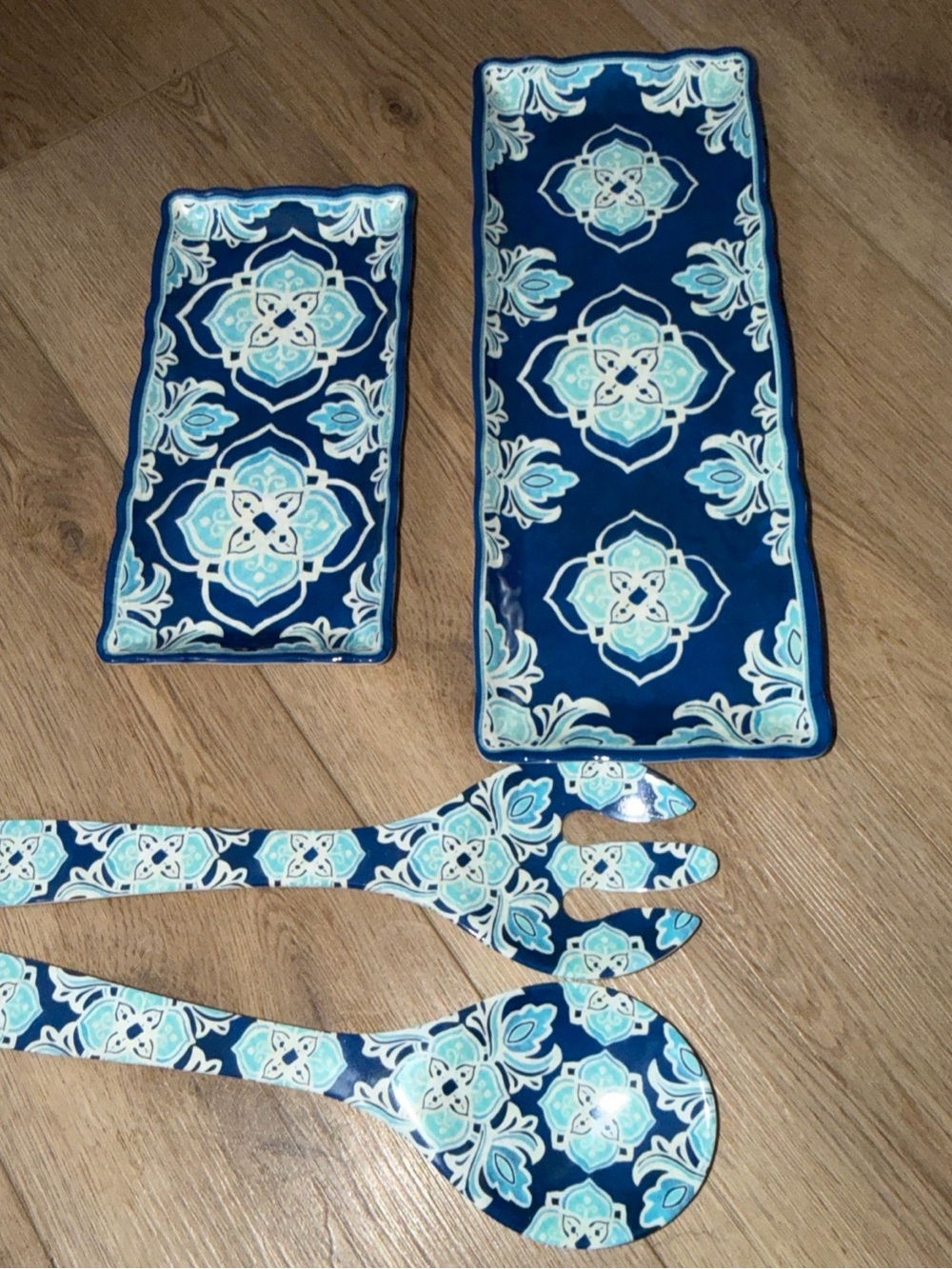 Navy Blue Floral melamine Serving Tray Set with Matching Servers